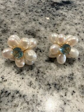 Nicola Bathie Mother of Pearl Flower Earrings with Blue Center Stone